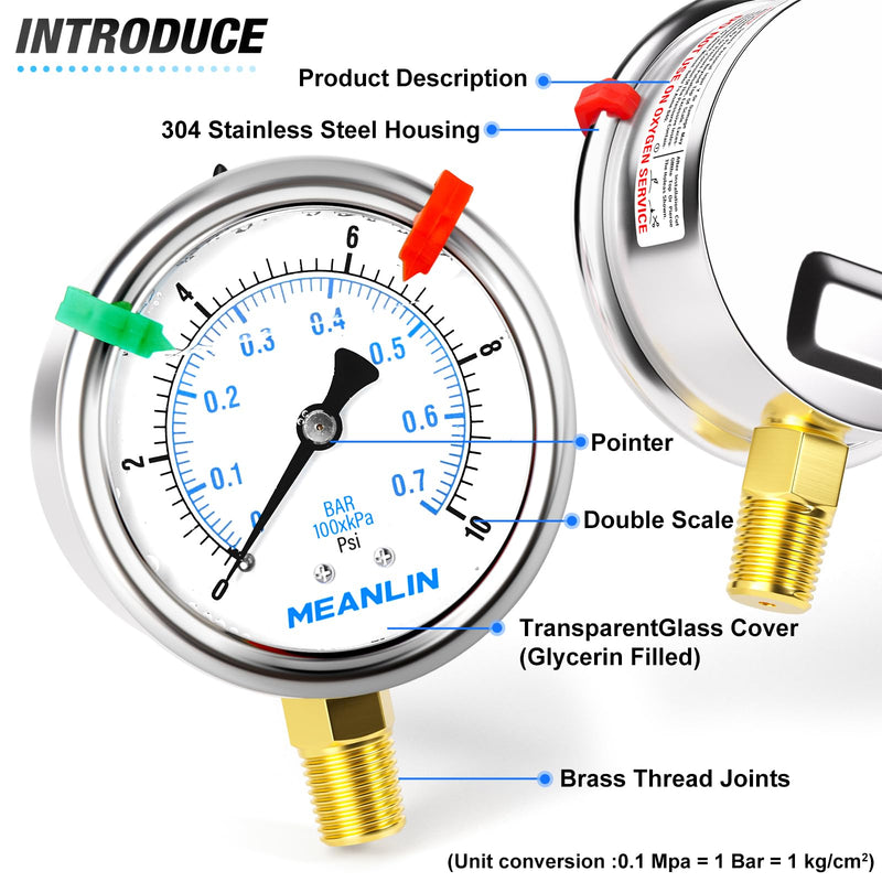 [Australia - AusPower] - MEANLIN MEASURE 0~10Psi Liquid Filled Pressure Gauge 1/4" NPT 2.5" FACE DIAL Stainless Steel Glycerin Filled WOG Water Oil Air Lower Mount (with 2PCS Snaps) 0-10Psi 