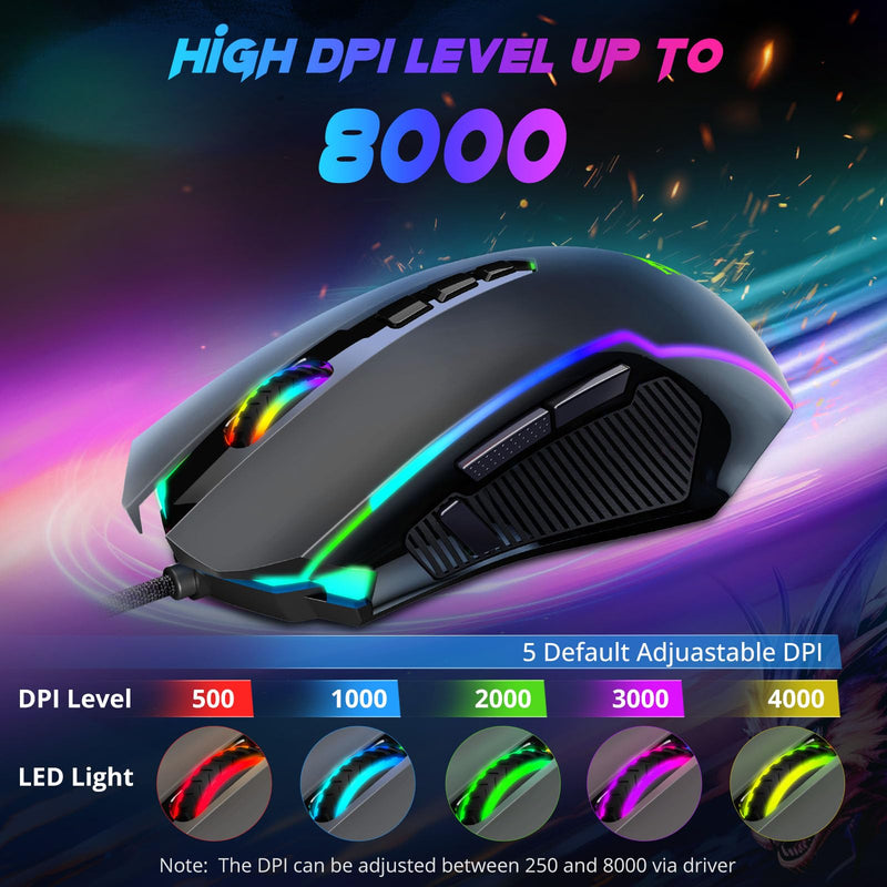 [Australia - AusPower] - Redragon Gaming Mouse, Wired Gaming Mouse with RGB Backlit, 8000 DPI Adjustable, Mouse with 9 Programmable Macro Buttons & Fire Button, Software Supports DIY Keybinds, M910-K Black 
