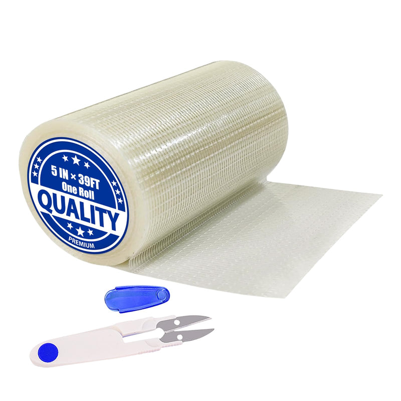 5 in x 39FT RV Awning Repair Tape Kit – Heavy Duty Waterproof Tear Repair Patch for Tarp, Canvas, Tent, Fabric, Canopy, Boat Covers, Sail – Clear Reinforced Fiberglass Repair Tape 5IN×39FT