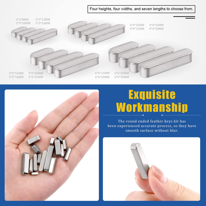 [Australia - AusPower] - Glarks 140Pcs 8mm 10mm 12mm 16mm 20mm 25mm 30mm Key Stock Keystock Assortment kit, 16 Sizes 304 Stainless Steel Smooth Round Ended Feather Key Parallel Drive Shaft Keys Set 