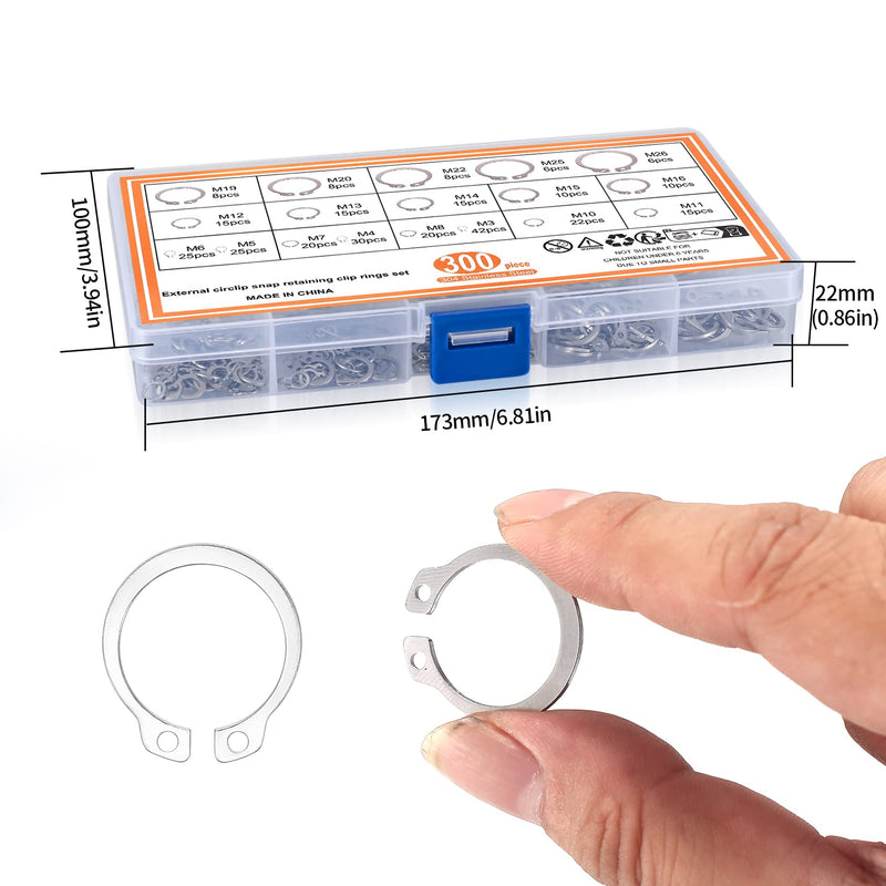 [Australia - AusPower] - 300 Pcs Retaining Ring Set, Internal Snap Rings Kits, Stainless Steel External Circlip Snap Retaining Clip Rings, 18 Sizes Circlip Retaining Snap Rings Assortment Kit for Grooved Shafts, Pins, Studs 