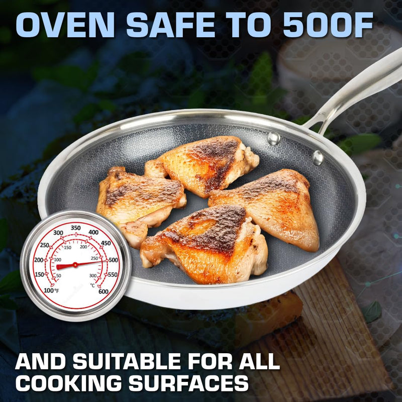 David Burke GeoClad Ceramic Hybrid Non-Stick 10" Fry Pan – Stainless Steel Sear Surface, Geometric Pattern, Tri-Ply Clad Body, PFOA-Free, Dk Gray/SS