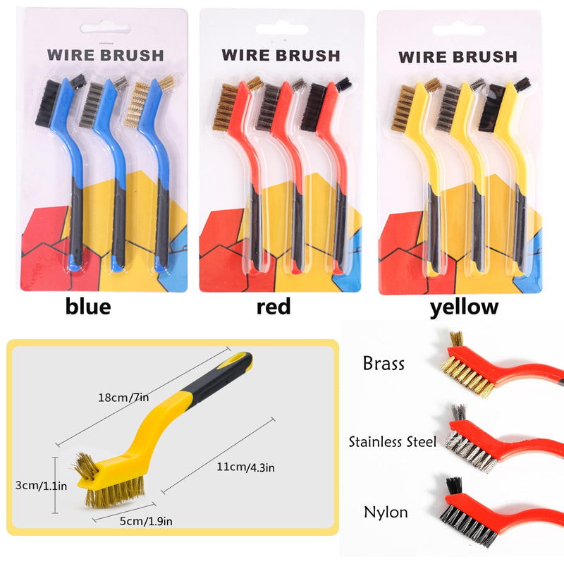 [Australia - AusPower] - Wire Brush 3Pcs Metal Scrubber - Nylon/Brass/Stainless Steel Bristles with Curved Handle Grip for Cleaning Rust Removal, Dirt, Paint Scrubbing with Deep Cleaning – 7 Inches 3 Pcs Red 