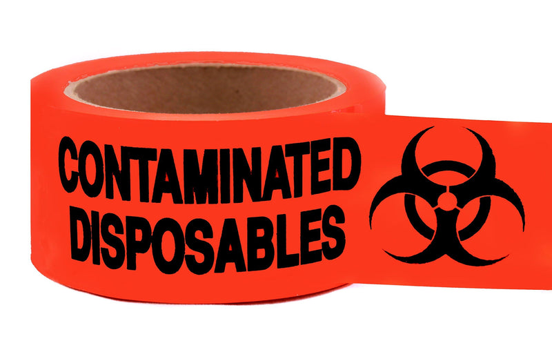 ChromaLabel 2 Inch Contaminated Disposables Biohazard Warning Safety Caution Tape, High Visibility Weatherproof Permanent Adhesive PVC Tape, 55 Yard Roll, Fluorescent Red 2" Wide, 55 Yards