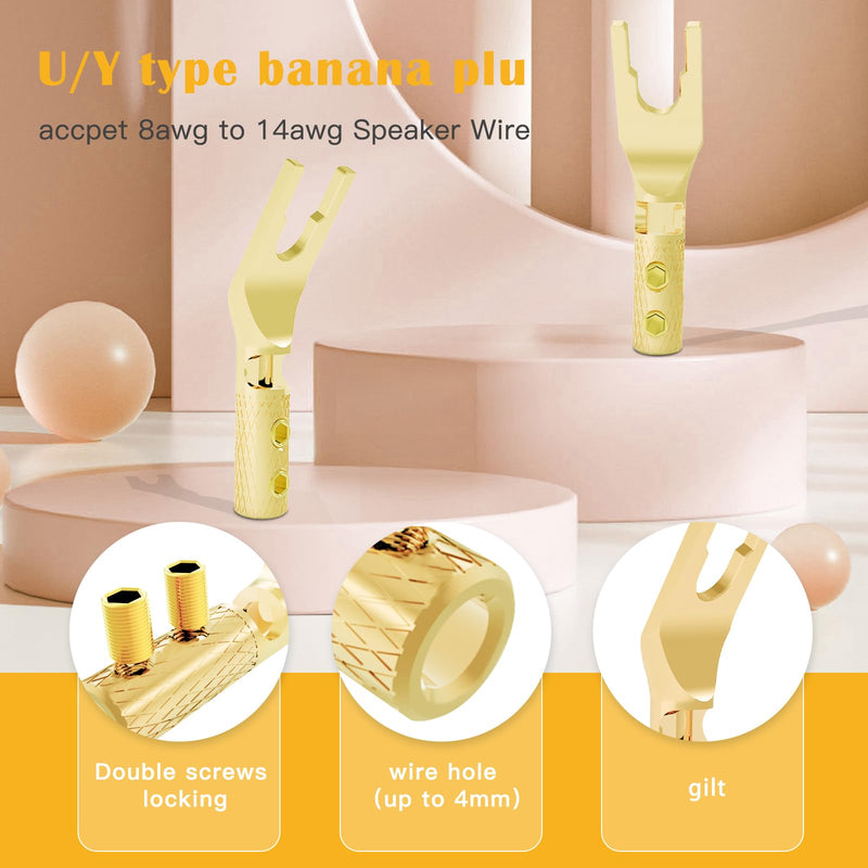 Monosaudio Spade Plug Connectors, Pure Copper 45 Degree Screw Locking Y Spade Plug Connector, 8pcs Speaker Wire Spade Terminal with Heat Shrink Tubes for 6-15Awg DIY Speaker Cable, Gold Plated