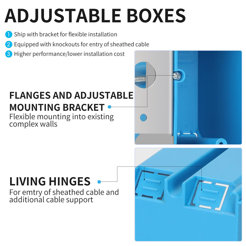 XIUTE 6 Pack 1-Gang PVC Electrical Box，Adjustable Electrical Boxes，Blue Outlet Box，21 cu. in. Plastic Junction Box for Switches， ETL Approved 1Gang 21Cu.In 6pack of blue