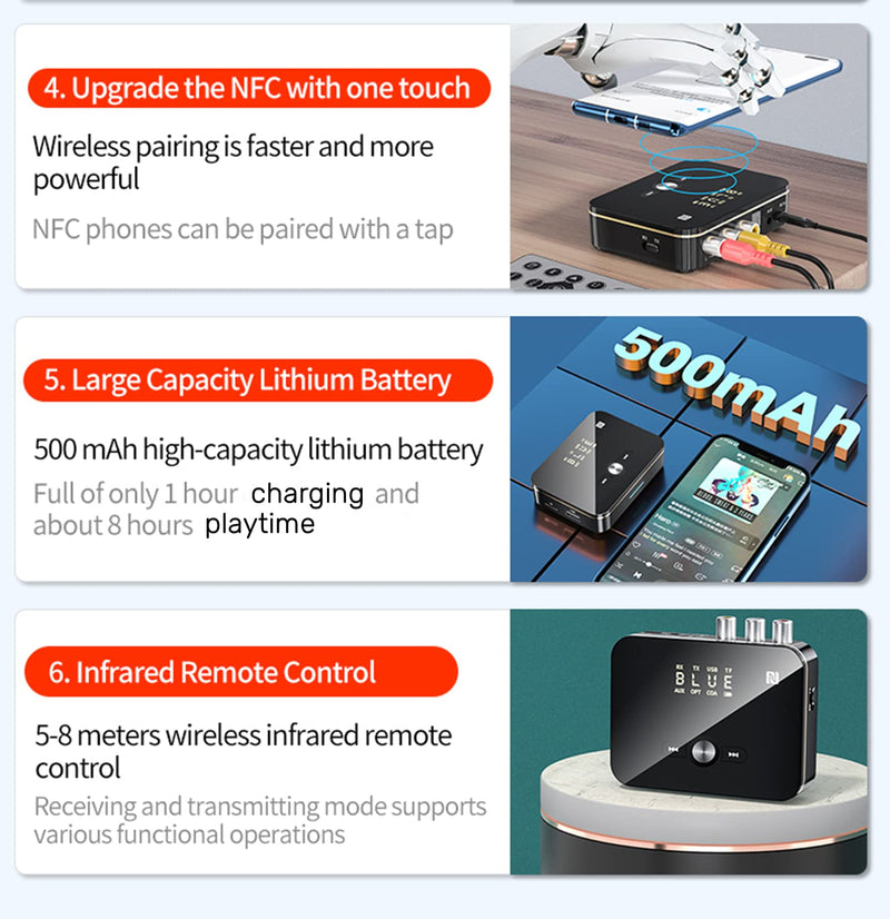[Australia - AusPower] - Bluetooth 5.0 Audio Receiver Transmitter 2 in 1 with Remote, Bluetooth Hi-Fi Audio Adapter with 3.5mm＆RCA,COAXIAL,Optical,NFC,Aptx-LL for Home and Car Stereo, AV Receiver or Amplifier 