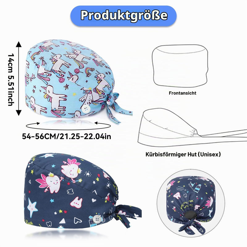 Pack of 2 Surgical Caps, Fabric Print, Unisex Nurse Cap | Adjustable Work Cap with Sweatband Headwear for Nurses Dentists Doctors (Unicorn, Teeth) light blue