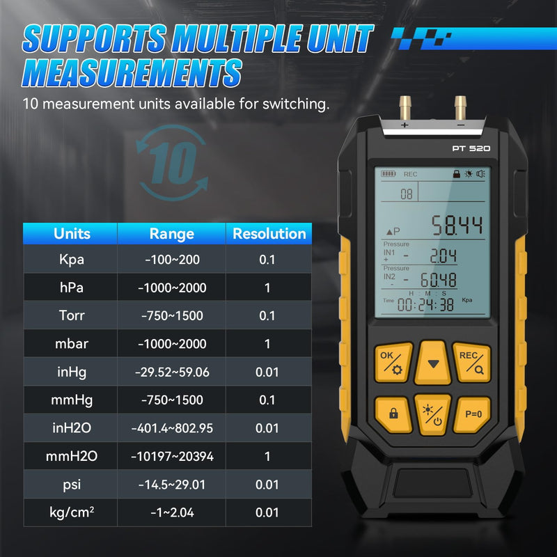 [Australia - AusPower] - PT520 Digital Manometer,HVAC Manometer,Manometer Gas Pressure Tester,-100 to 200Kpa Measurement Range,10 Pressure Measurement Units,Data Locking&Storage 