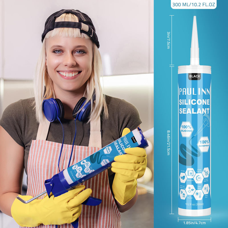 [Australia - AusPower] - Black Silicone Sealant,100% Waterproof Silicone Adhesive Caulk for Rv Marine Home Window Roof Door Kitchen Bathroom Bathtub Shower Auto Leak Seal, 10.2 Oz, 1 Pack 