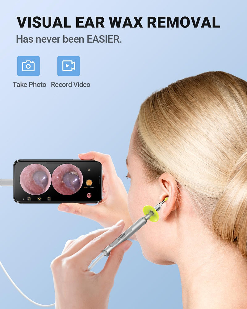 [Australia - AusPower] - Digital Otoscope Compatible with iPhone and Android Devices, HD Ear Camera with Ear Wax Removal Tools, Video Ear Scope Otoscope with Light, Capture Photos and Videos (Silver) Silver 