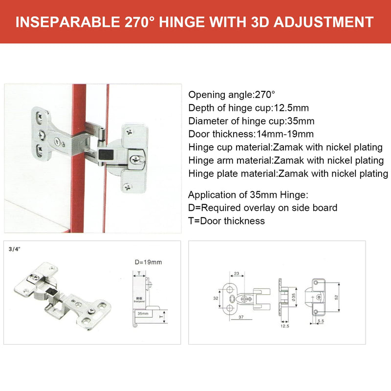 [Australia - AusPower] - Furniture Door Hinge, 1Pc 270 Degrees Zinc Alloy Furniture Door Folding Hinge Fixing Accessories, Full Open Large Angle Cabinet Wardrobe Folding Hinge (Removable) Removable 