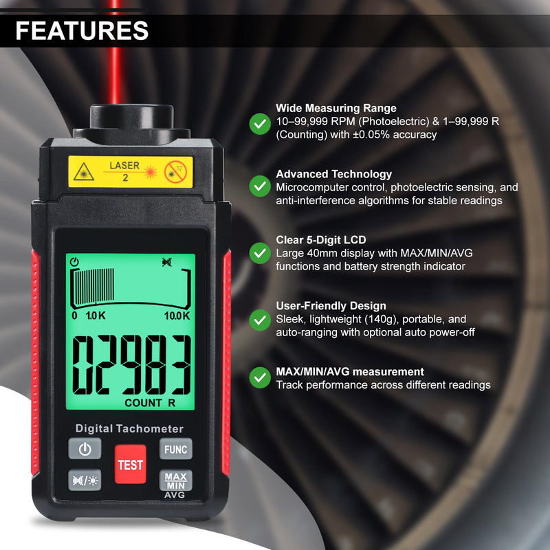 Digital RPM Speedometer 99,999 RPM Laser Tester with MAX/MIN/AVG, 2 Measuring Modes for Automotive, Industrial, DIY Engine Speed Measurement