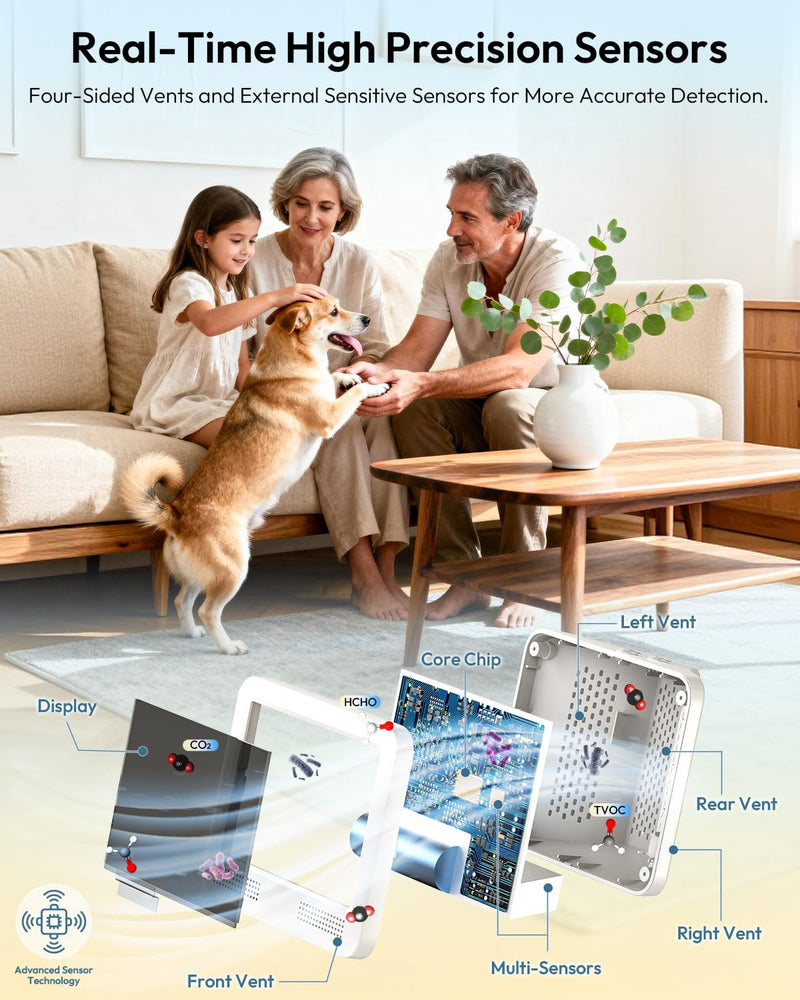 [Australia - AusPower] - Air Quality Monitor Indoor, 16 in 1 Air Quality Tester for CO2 Monitor, TVOC, PM1.0 PM2.5 PM10, HCHO Temperature Humidity & Time, AQI Monitor with Alerts for Home (PureWhite) PureWhite 