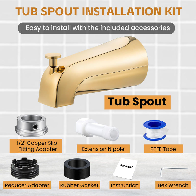 Dreyoo Tub Spout (Universal Fits 1/2" Copper Pipe, 1/2" IPS and 3/4" IPS), Bathroom Bathtub Faucet with Adapters and Hex Wrench(Polished Brass,Simple) Polished Brass Simple