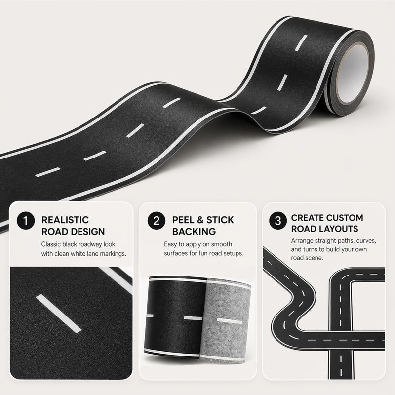 2 Pack 32.8 Feet Road Tape Roll, Black Toy Car Roadway Race Track Tape for Floors Tables Walls, Peel and Stick Racing Track Tape for Playrooms Classrooms Smooth Surface Decor