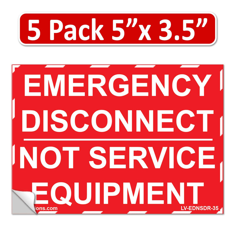 5"x 3.5" NEC Compliant Emergency Disconnect NOT Service Equipment Outdoor Laminated Labels Sticker Electrical Panel Danger Heavy Duty Vinyl Waterproof Ultra Durable White on Red 5 Pack