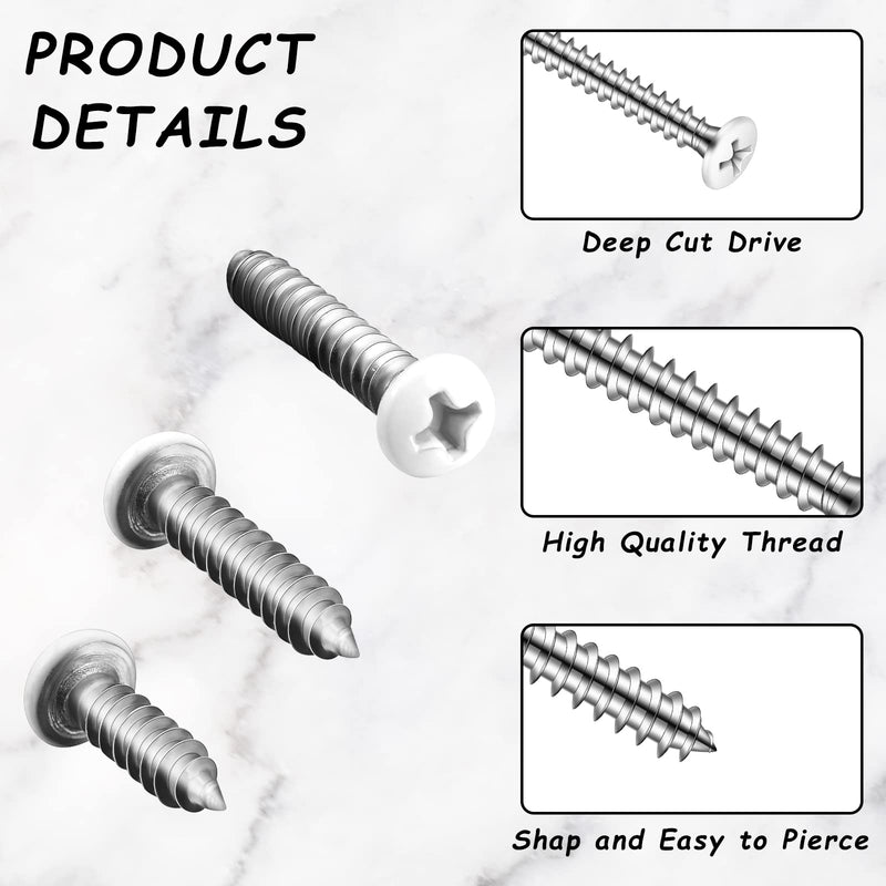 [Australia - AusPower] - 120 Pcs #8 White Head Screws Covers Wood Screws White Painted White Wood Screw Stainless Steel Wall Plate Screw Self Tapping Screw for Wall Plates Switches Covers Replacement, 3 Sizes 