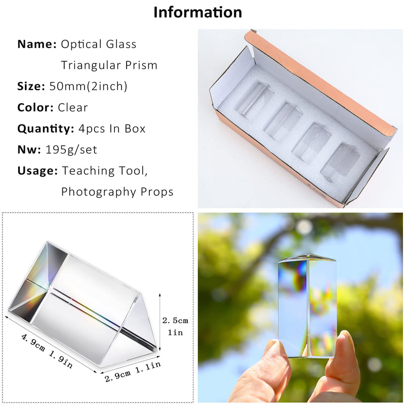 [Australia - AusPower] - QFkris 4pcs Clear K9 Crystal Triangular Prism for Photo Rainbow Lights Crystal Optical Prisms Glass Physics Teaching Refracted Light Spectrum Students Presents Gift,50mm/2inch 