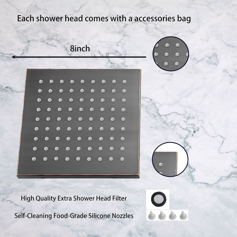 Shower Head GGStudy 8 inch Square Rain Stainless Steel High Pressure Oil Rubbed Bronze Shower Heads Rainfall Bath Shower Self-cleaning Silicone Nozzle 8inch