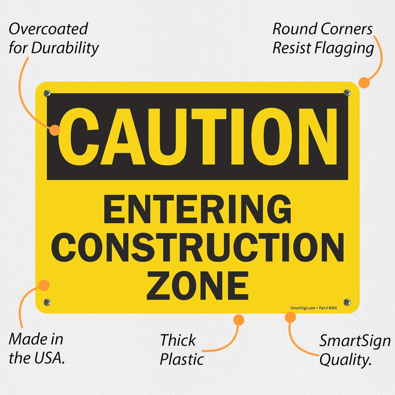 SmartSign "Caution - Entering Construction Zone" Sign | 10" x 14" Plastic 10" x 14"