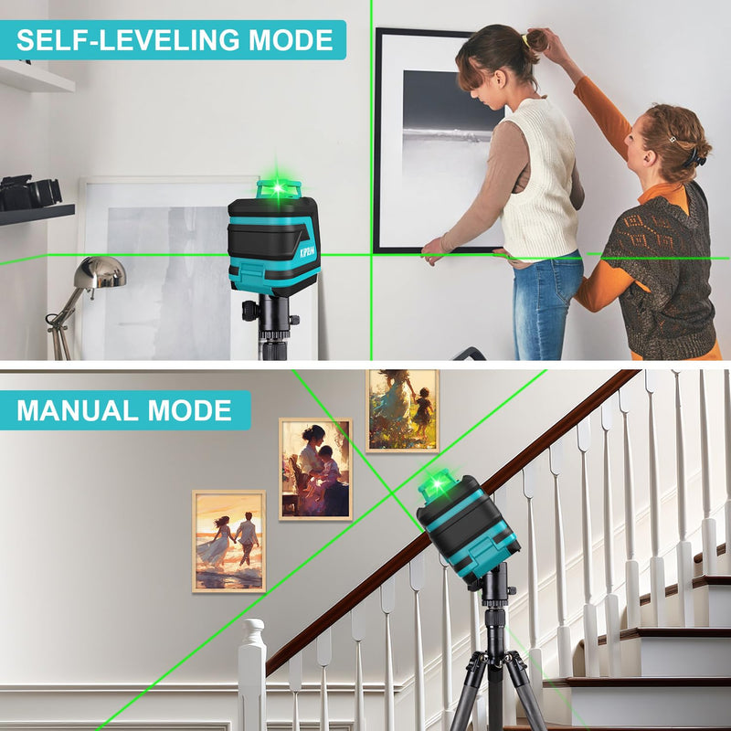 [Australia - AusPower] - Kiprim Green Laser Level LV8D with Enhanced Visibility,5 Laser Lines,Adjustable Brightness,Manual/Self Leveling/Pulse Mode,Batteries and Carrying Pouch Included 5 Laser Beams 