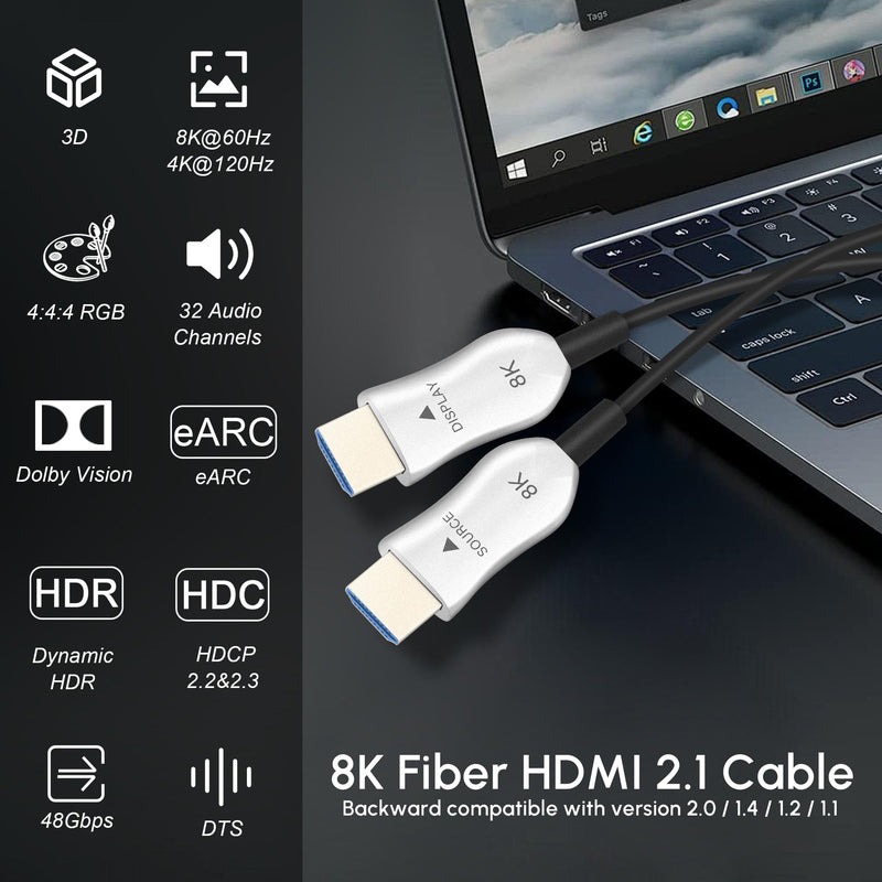 8K Fiber Optic HDMI 2.1 Cable 30ft/9m, Long Active HDMI Cable, High Speed Fiber HDMI Cord, 48Gbps, 8K@60Hz 4K@120Hz, Dynamic HDR, eARC, HDCP 2.2&2.3, 3D, for HDTV Monitor Game Laptop Home Theatre