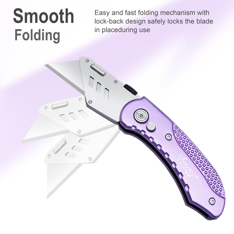 [Australia - AusPower] - Vickay Folding Utility Knife, Box Cutter with 5 SK5 Quick Change Blades, Safety Axis Lock Design Razor Knife, Lightweight Aluminum Handle Belt Clip for Office Home Artcraft （Light Purple) Light Purple 