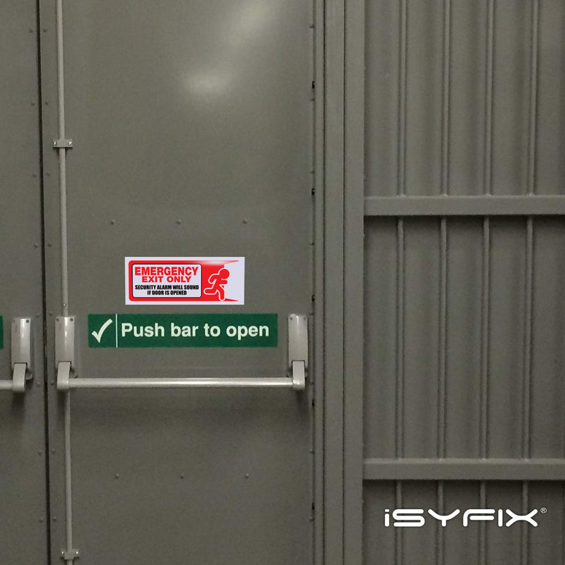 [Australia - AusPower] - iSYFIX Emergency Exit Only Stickers – 3 Pack 10x4 Inch – Premium Self-Adhesive Vinyl, Laminated UV, Weather, Scratch, Water & Fade Resistance, Security Alarm Will Sound if Door is Opened Sign Medium Red & White 