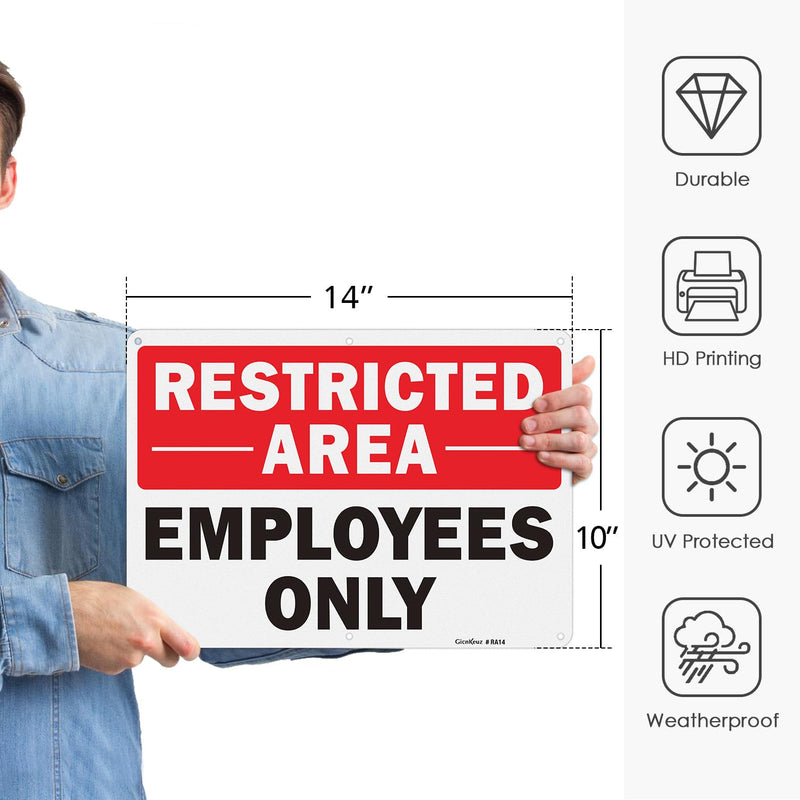 GicnKeuz Large Restricted Area Sign, 14x10 Inches Employees Only Signs, Rust Free.40 Reflective Aluminum, Fade Resistant/Waterproof, 6 Pre-drilled Holes (4 Pack) 4 Pack