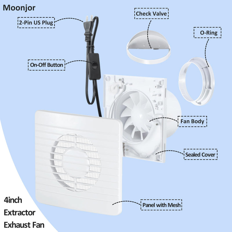 4inch Exhaust Fan, Window Wall Mount Vent Extractor Fan | Button Switch, Cord Included, For Kitchen Bathroom Workshop Garage, Grilles Panel with Mesh 4inch Grilles Panel with Mesh