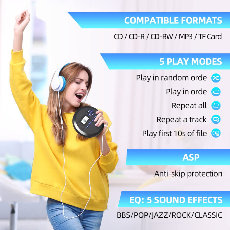 [Australia - AusPower] - CD Player Portable, DESOBRY Portable CD Player with Speakers & FM Transmitter, Compact CD Player for Car Built-in 2000mAh Rechargeable Battery, Walkman CD Player with LCD Screen, Earphones, AUX Cord 