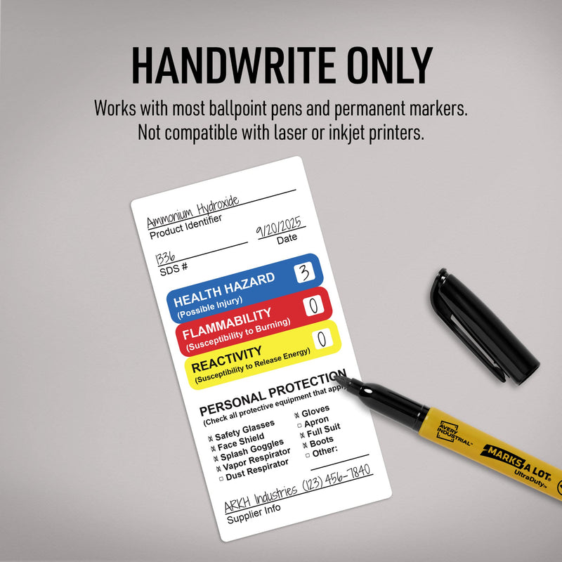Avery HMIS Secondary Container Labels, Waterproof, Chemical Resistant, Preprinted, Handwrite-Only, 4" x 2", 100 HMIS Labels 4" x 2" 100 labels