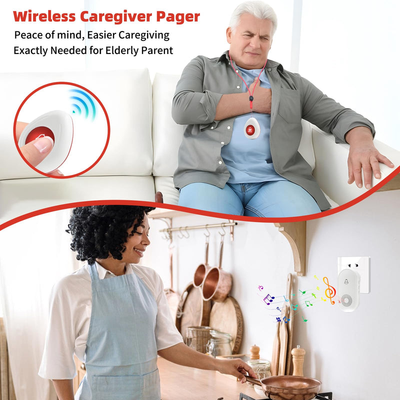 Wireless Caregiver Pager SOS Call Button for Elderly Monitoring 1000+ Feet Life Alert，Emergency Alert System Call Bell for Nurse Patient Disabled 1 Waterproof Transmitter & 1 Plugin Receiver