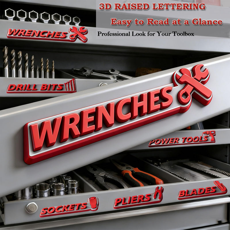Magnetic Tool Box Labels, 12 PCS 3D Raised Toolbox Drawer Labels with Strong Magnets, Reusable Tool Chest Organizer Labels for Garage Cabinets (Gray Background with red Text) Gray Background With Red Text