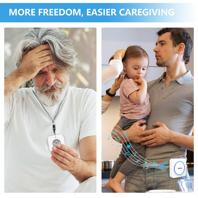 SINGCALL Wireless Portable Caregiver Pager Panic Alarm System Personal Alarm for Elderly/Kids/Pregnant/Patients 32 Chimes & 0-100dB Volume 1 Rechargeable Portable Receiver+ 2 Emergency Call Buttons 1 receiver and 2 call buttons