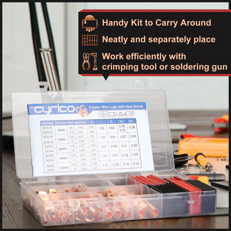 [Australia - AusPower] - 150pcs Battery Cable Ends, Copper Wire Lugs Assortment Kit AWG 2 4 6 8 10 Gauge - 70Pcs Battery Cable Lugs Ring Wire Terminal Connectors and 80Pcs Heat Shrink Tubing Kit for Marine Electrical Supplies 150PCS 