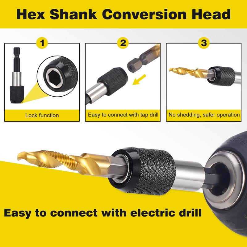 [Australia - AusPower] - HSEAMALL 13-Piece Tap Set, Combination Drill Bit Set, 6 mm, HSS M3-M10 Tap Set SAE 6-32NC to 1/4-20NC Drilling, Thread Cutting and Countersinking Iron, Aluminium, Copper, Metal 13 pcs gold 
