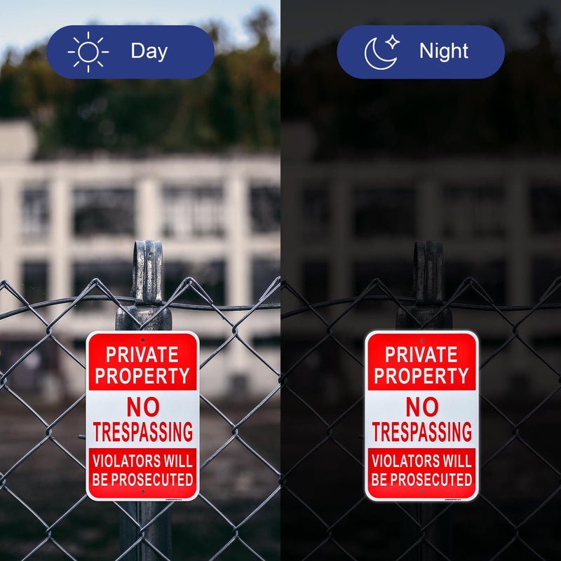 JIAMING 2 Pack Private Property No Trespassing Signs, 18x12 Inch Reflective Rustproof Aluminum, Violators Will Be Prosecuted Metal Sign, UV Protected Weatherproof Easy Mount for Home Yard Farm.