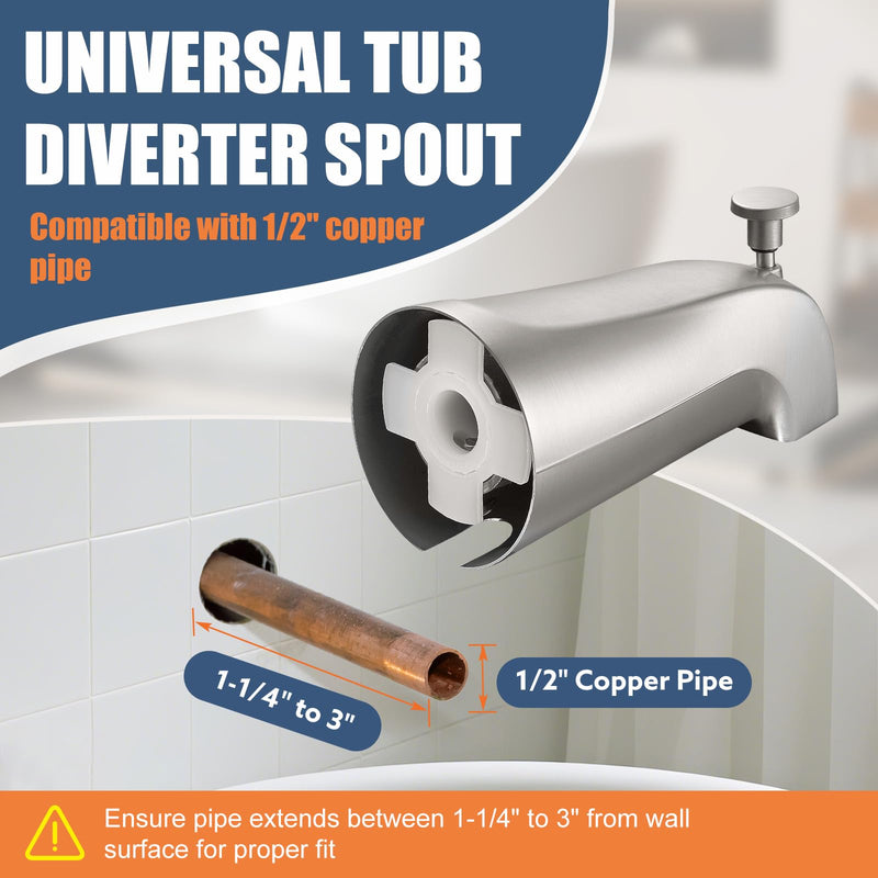 Universal Bathtub Tub Spout with Diverter, Fits 1/2" Slip-Fit Copper Pipe Connection, Pull Down Bathtub Faucet Spout Replacement, Includes Metal Cover Ring (Brushed Nickel) Brushed Nickel