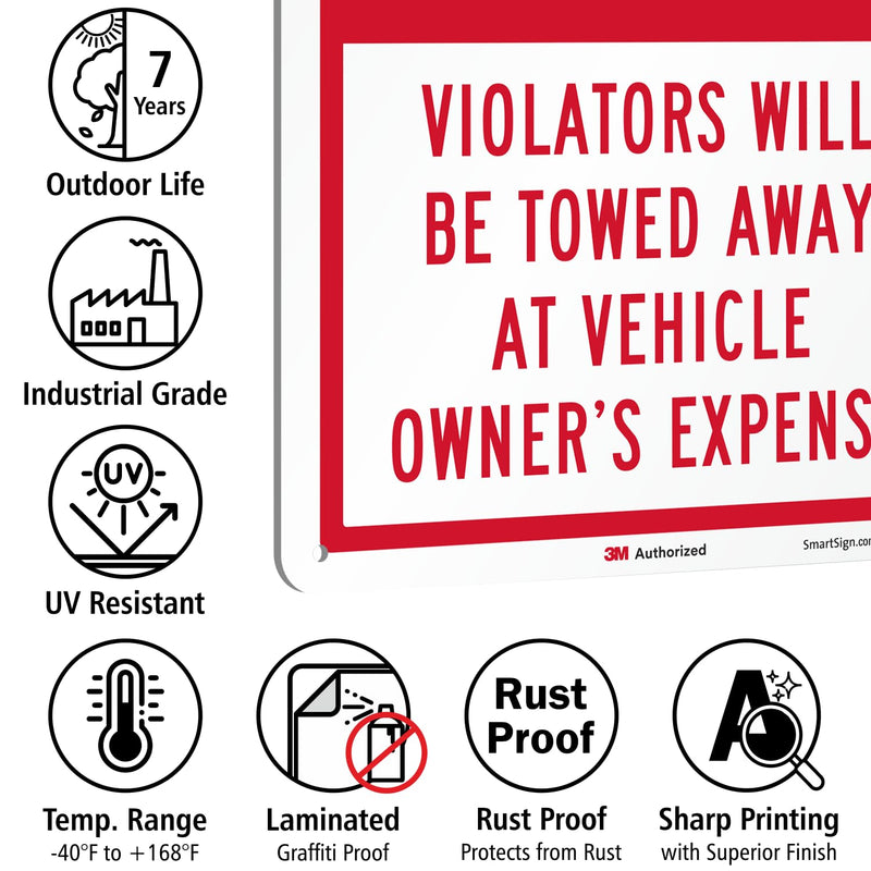 SmartSign 2-Pack 'No Overnight Parking Violators Towed Away At Vehicle Owner's Expense' Sign, 10" x 14", 40 mil Aluminum, 3M Laminated Engineer Grade Reflective Material, Red and White, Made in USA Pack of 2