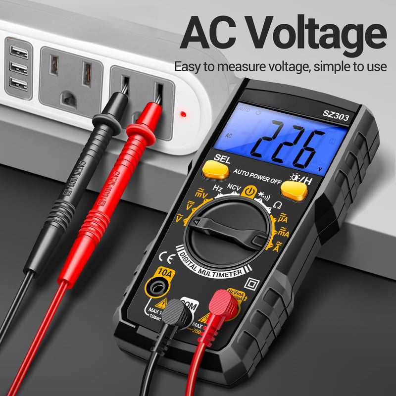 [Australia - AusPower] - Digital Multimeter Voltage Tester,Volt Meter,Measures AC/DC Current/Voltage,NCV,Ohm,Volt,Diode and Continuity, Resistance, Frequency for Electrican Tools(AAA Battery Include) Black 