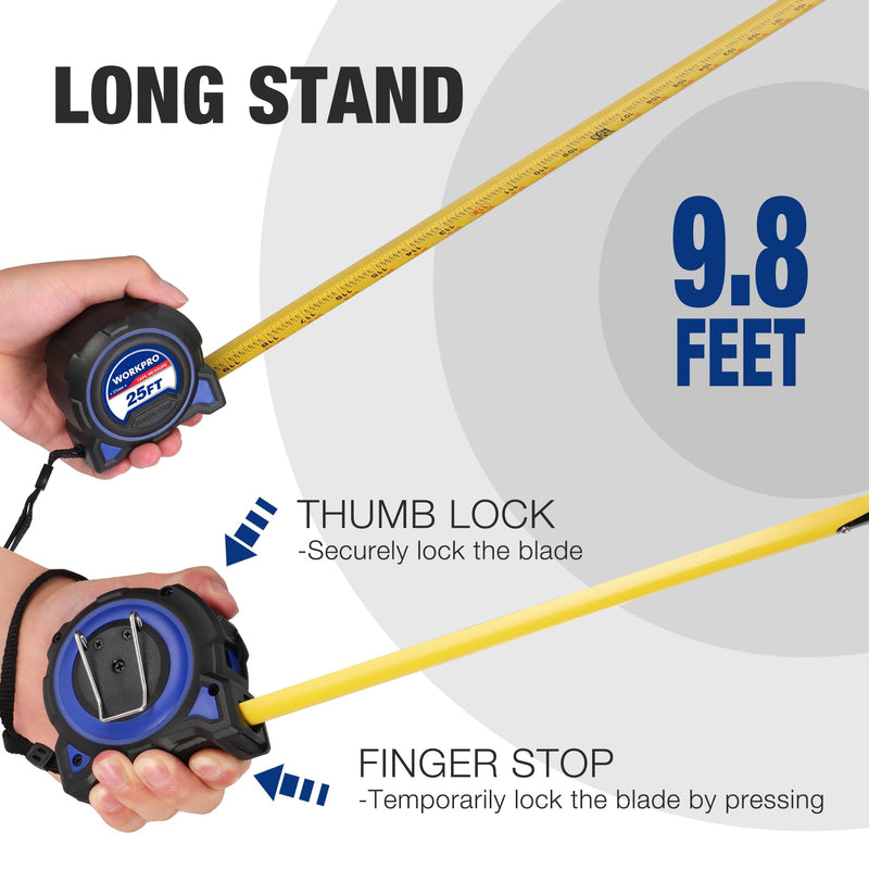 WORKPRO Heavy Duty Tape Measure, 2 Pcs 25FT Retractable Tape Measurement, Double Retract Long Stand Measuring Tape Accuracy 1/32 for Engineer, with Magnetic Hook, Belt Clip, Rubber Protective Casing Blue