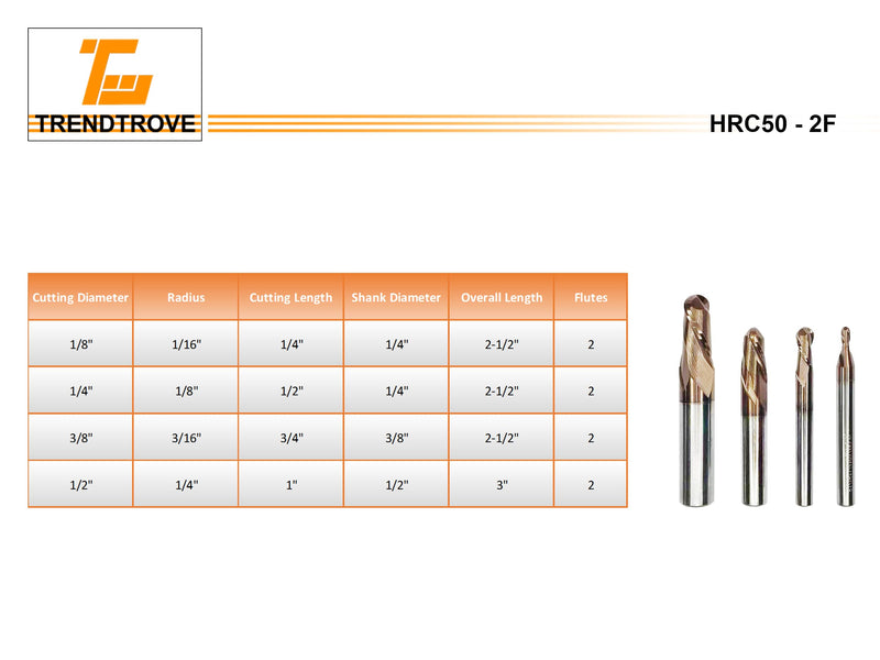 [Australia - AusPower] - Ball Nose Carbide End Mill, 2 Flute, HRC50, TiSiN Coated, CNC Router Bits for Hardened Steel, Stainless Steel, Alloy Steel, Aluminum, Metal - (1/8" 1/4" 3/8" 1/2") Diameter (3/8" Diameter) 3/8" Diameter 