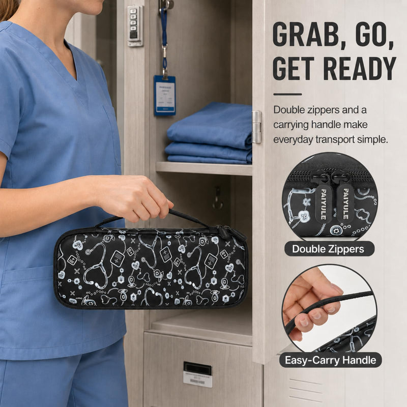 Stethoscope Case - Hard Carrying Bag Compatible for St John Ambulance/ 3M/ MDF/AKORD Dual or Single Head Littmann Stethoscope - Includes Mesh Pocket for Accessories Black