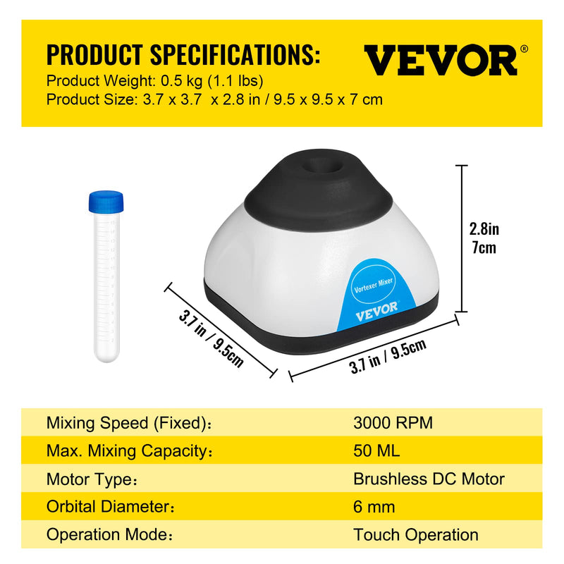 [Australia - AusPower] - VEVOR Vortex Mixer, 3000RPM Mini Vortex Mixer Shaker, Touch Function Scientific Lab Vortex Shaker, Mix Up to 50ML, 6mm Orbital Diameter for Test Tube, Tattoo Ink, Nail Polish, Eyelash Adhesives, Paint Black 