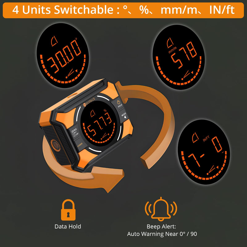 [Australia - AusPower] - Neoteck Digital Angle Finder with Dual Laser (Class 2 Laser, 1mW Power Output) 4x90/2x180°Angle Gauge with LED Display and Data Hold USB Charging Level Box with Bottom and Back Strong Magnetic 