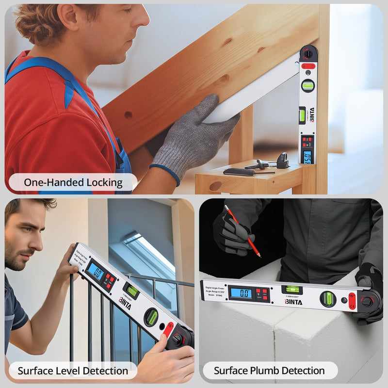 [Australia - AusPower] - BINTA Digital Angle Finder 0-225° Range, Backlit LCD Aluminum Angle Finder Tool with Horizontal/Vertical Dual Bubble Meter Storage Bag for Woodworking, Machinery, Construction, DIY(Silver) Silvery 