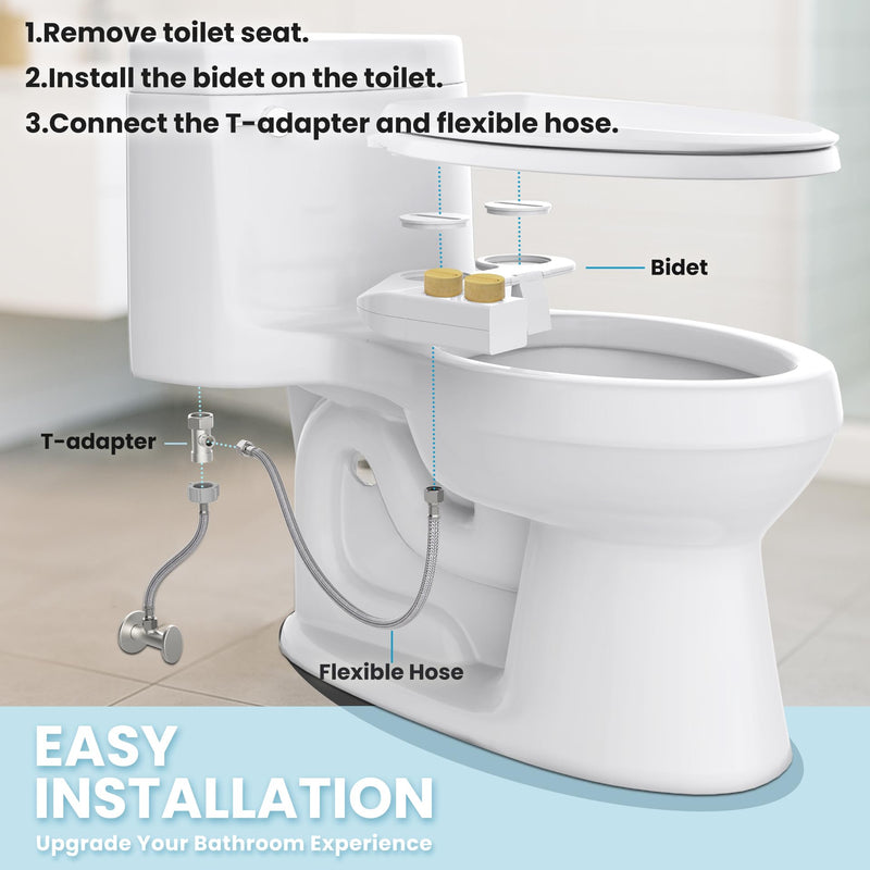 Toilet Bidet With Left/Right Side Reversible Design, Fresh Water, Non-Electric, Toilet Bidet Attachment, Right/Left Hand Side with Dual Nozzle, Self-Clean, Easy to Install (Bamboo Knob) Bamboo Knob