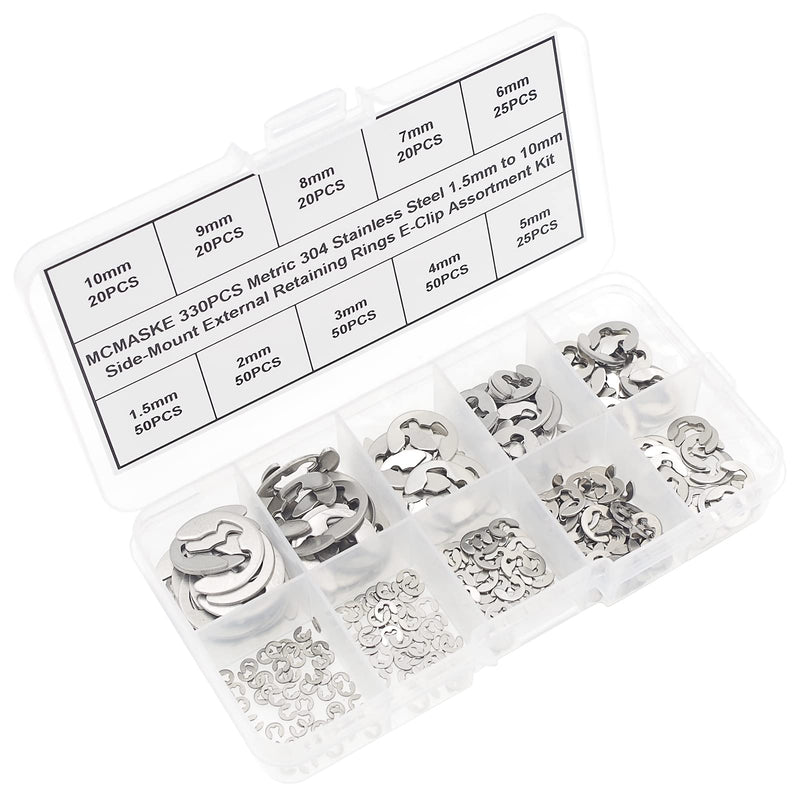 [Australia - AusPower] - 330PCS Metric 1.5mm-10mm 304 Stainless Steel E-Clips External Retaining Rings Assortment Kit;Side-Mount External Retaining Circlip Rings 